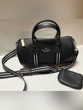 Kate Spade Rosie Small Duffle Crossbody Black Pebbled Leather Barrel Bag Stripe